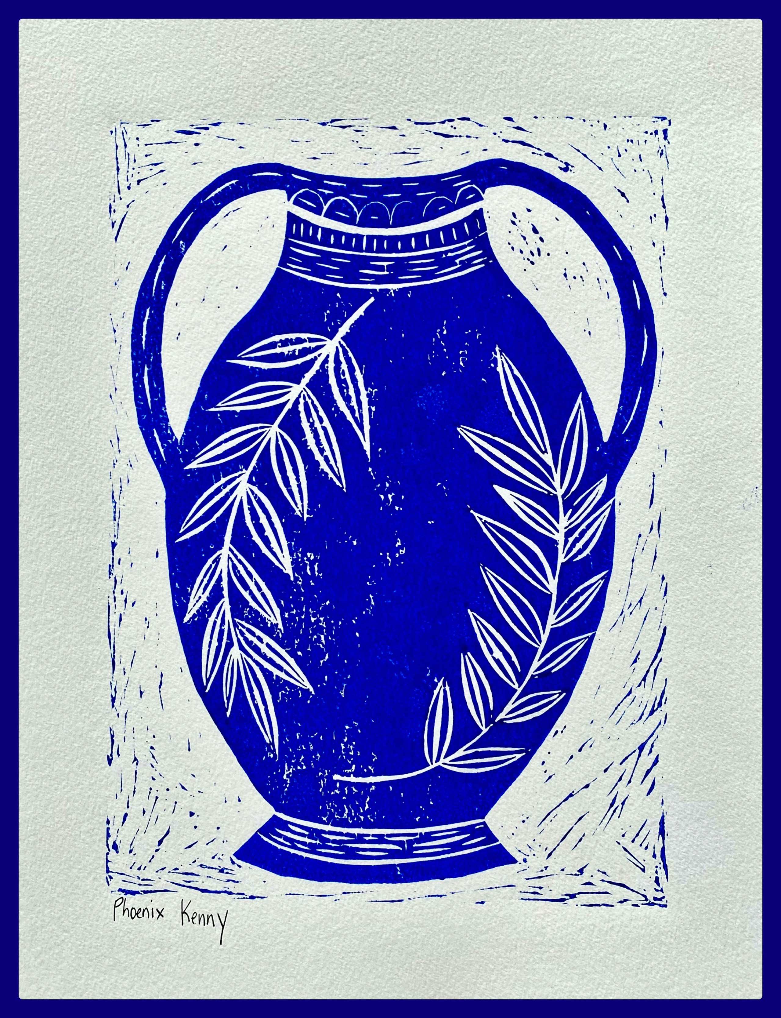 Blue vase lino print